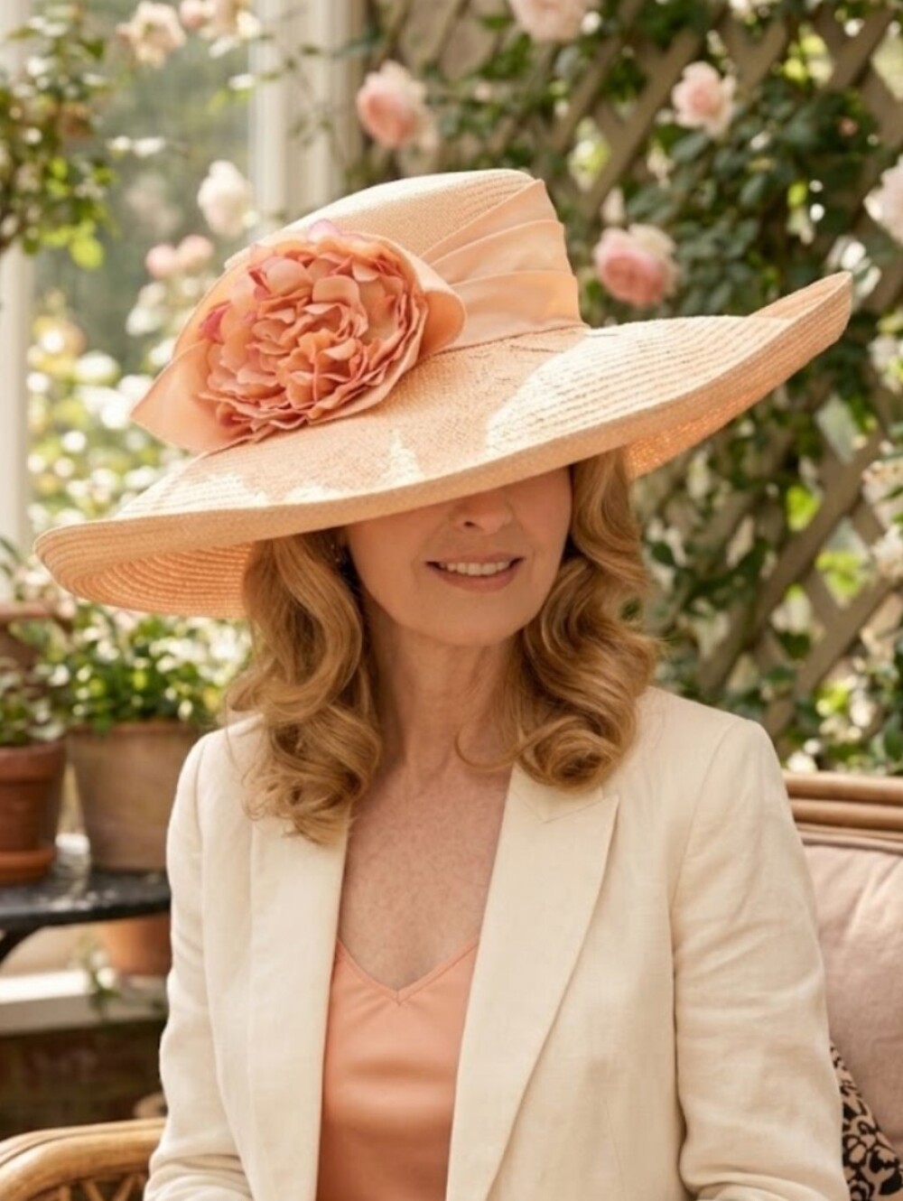Large Floppy Straw Hat With Ribbons And Flower, Adjustable!
